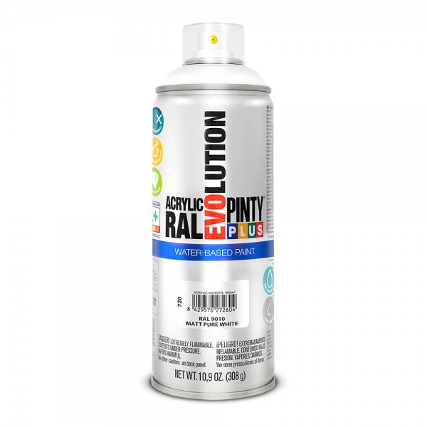 Pintura acrílica spray evolution water-based 520 cc ral 9010 blanco puro mate