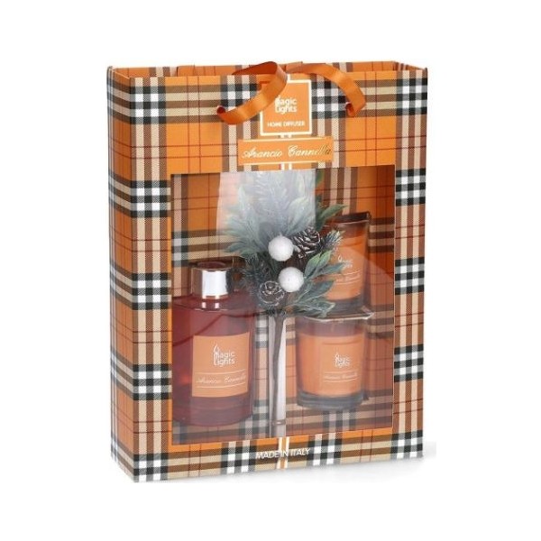 Estuche mikado difusor + 2 velas naranja-canela